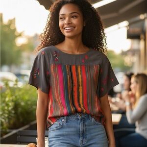 SHAYE Grey Stripe Embroidery Top